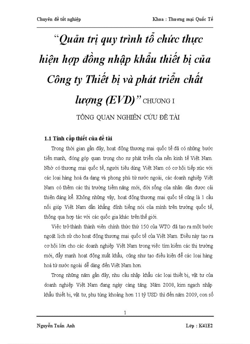 Quản trị quy trình tổ chức thực hiện hợp đồng nhập khẩu thiết bị của Công ty Thiết bị và phát triển chất lượng EVD 1