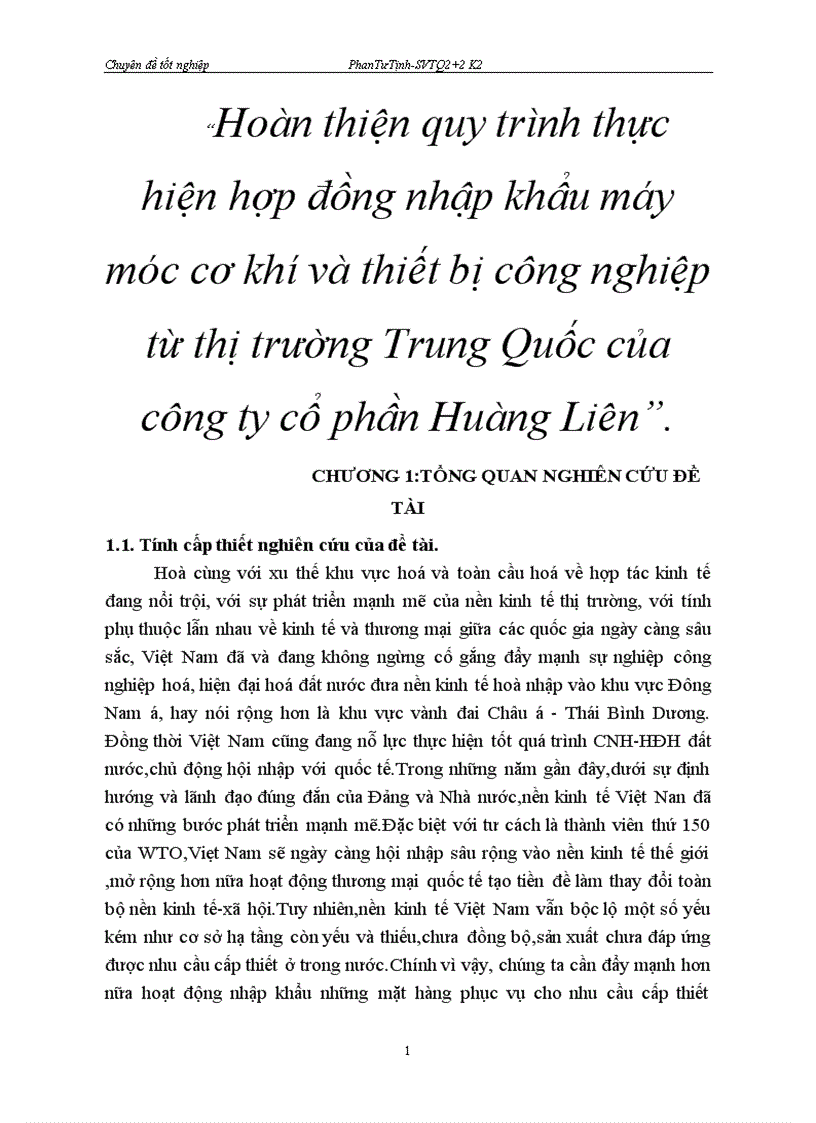 Hoàn thiện quy trình thực hiện hợp đồng nhập khẩu máy móc cơ khí và thiết bị công nghiệp từ thị trường Trung Quốc của công ty cổ phần Huàng Liên 1