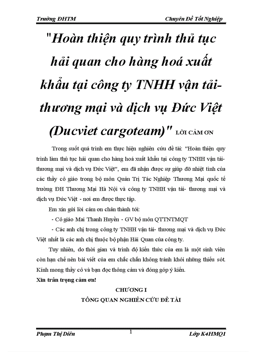 Hoàn thiện quy trình thủ tục hải quan cho hàng hoá xuất khẩu tại công ty TNHH vận tải thương mại và dịch vụ Đức Việt Ducviet cargoteam 1