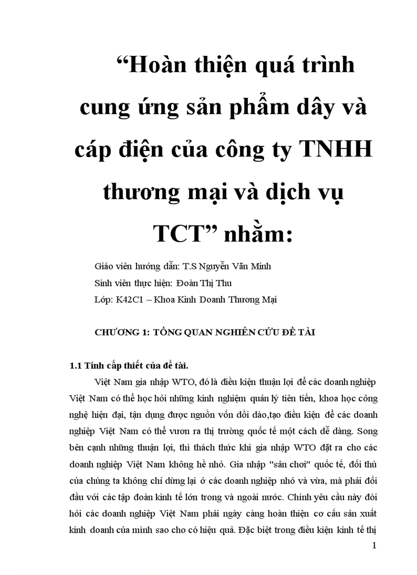 Hoàn thiện quá trình cung ứng sản phẩm dây và cáp điện của công ty TNHH thương mại và dịch vụ TCT 1