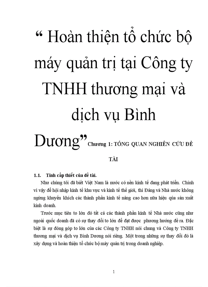 Hoàn thiện tổ chức bộ máy quản trị tại Công ty TNHH thương mại và dịch vụ Bình Dương 1