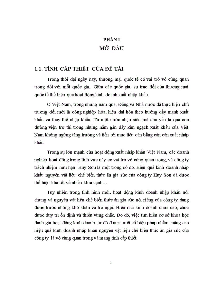 Giải pháp nâng cao Hiệu quả kinh doanh nhập khẩu nguyên vật liệu chế biến thức ăn gia súc tại công ty trách nhiệm hữu hạn Huy Sơn