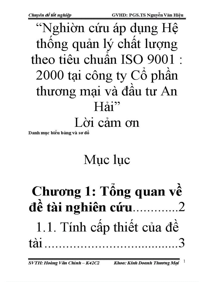 Nghiên cứu áp dụng Hệ thống quản lý chất lượng theo tiêu chuẩn ISO 9001 2000 tại công ty Cổ phần thương mại và đầu tư An Hải