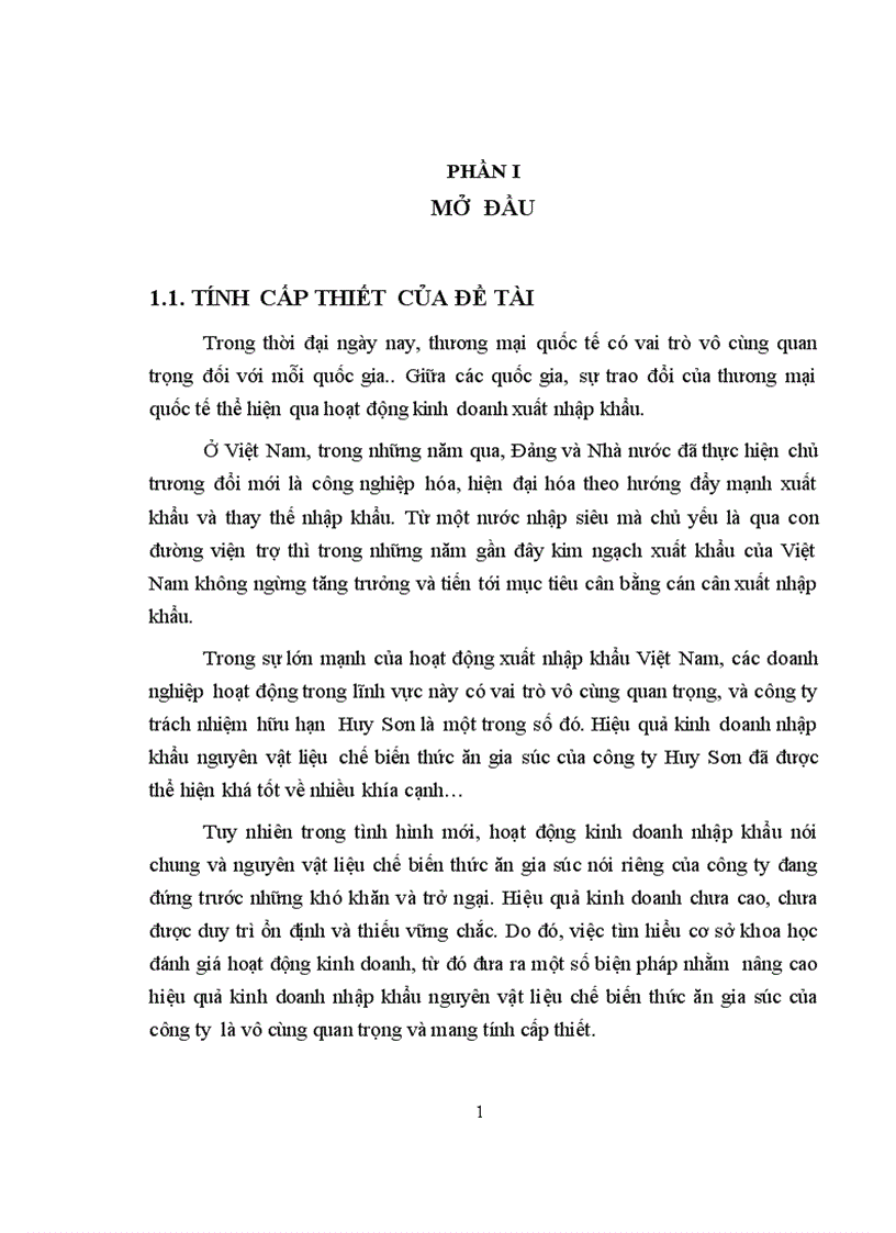 Giải pháp nâng cao Hiệu quả kinh doanh nhập khẩu nguyên vật liệu chế biến thức ăn gia súc tại công ty trách nhiệm hữu hạn Huy Sơn 1