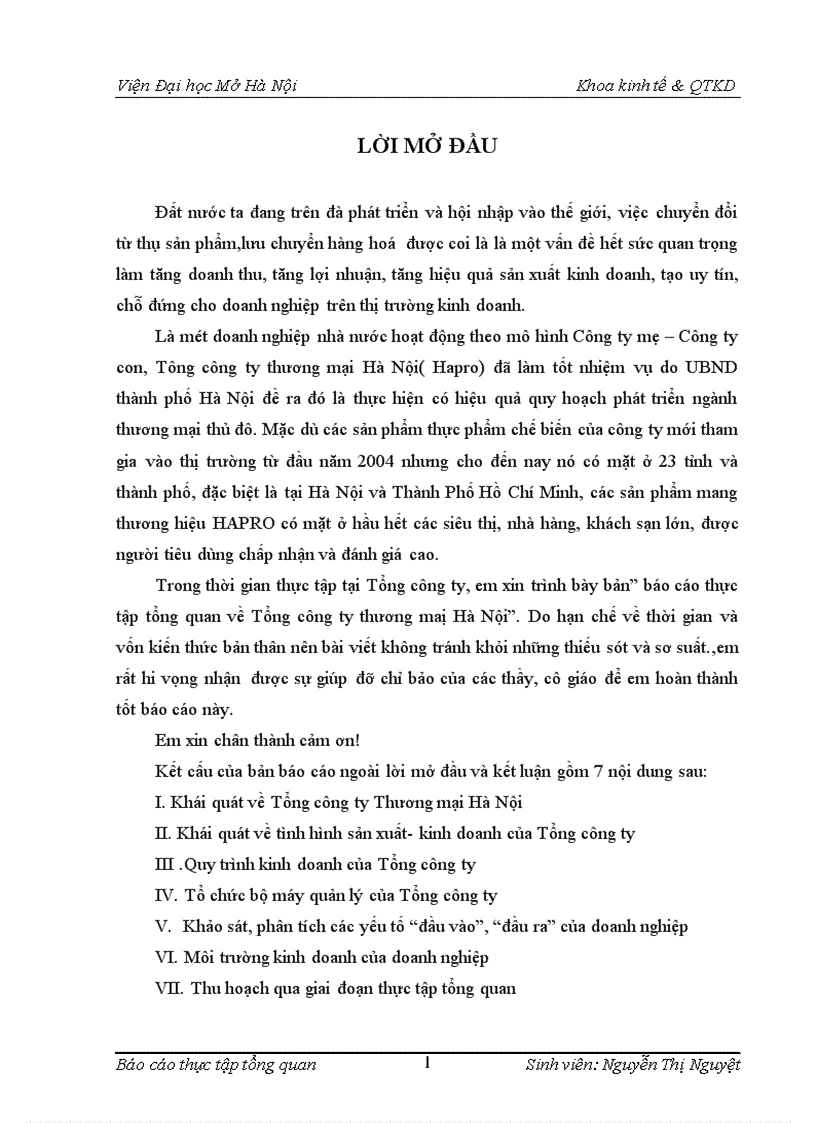Báo cáo thực tập tổng quan về Tổng công ty thương maị Hà Nội