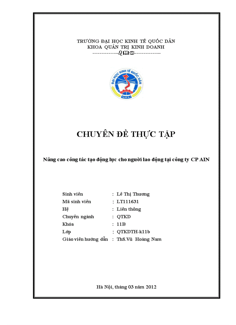 Nâng cao công tác tạo động lực cho người lao động tại công ty CP AIN