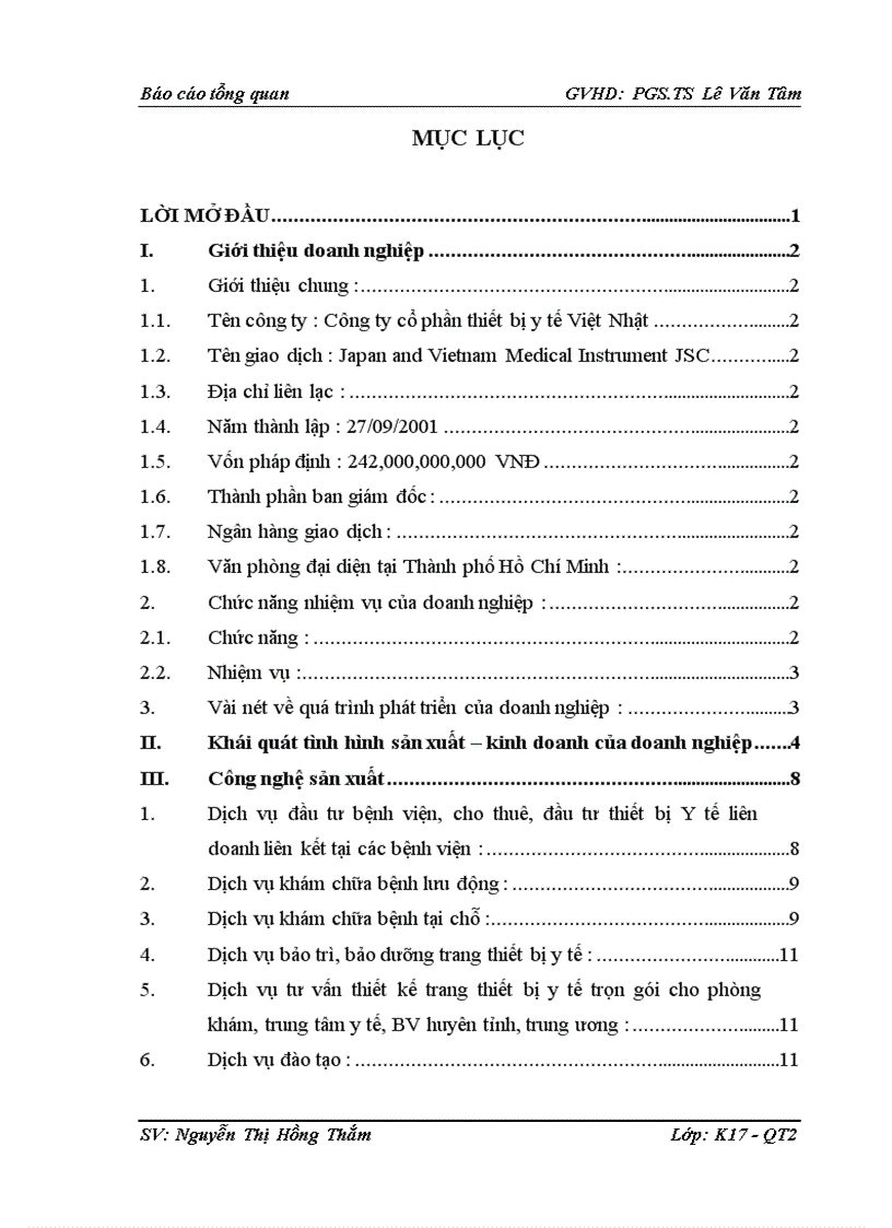 Báo cáo thực tập tại Công ty cổ phần thiết bị y tế Việt Nhật