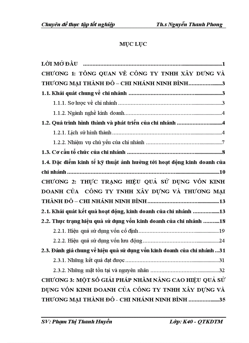 HIệu quả sử dụng vốn kinh doanh của công ty tnhh xây dựng và thương mại thành đô chi nhánh ninh bình thực trạng và giải pháp nâng cao