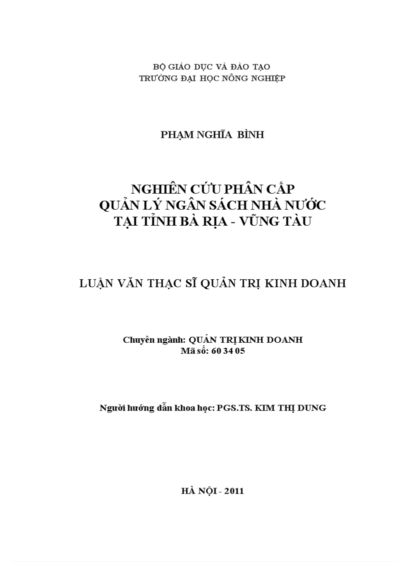 Nghiên cứu phân cấp quản lý ngân sách nhà nước tại tỉnh bà rịa vũng tàu