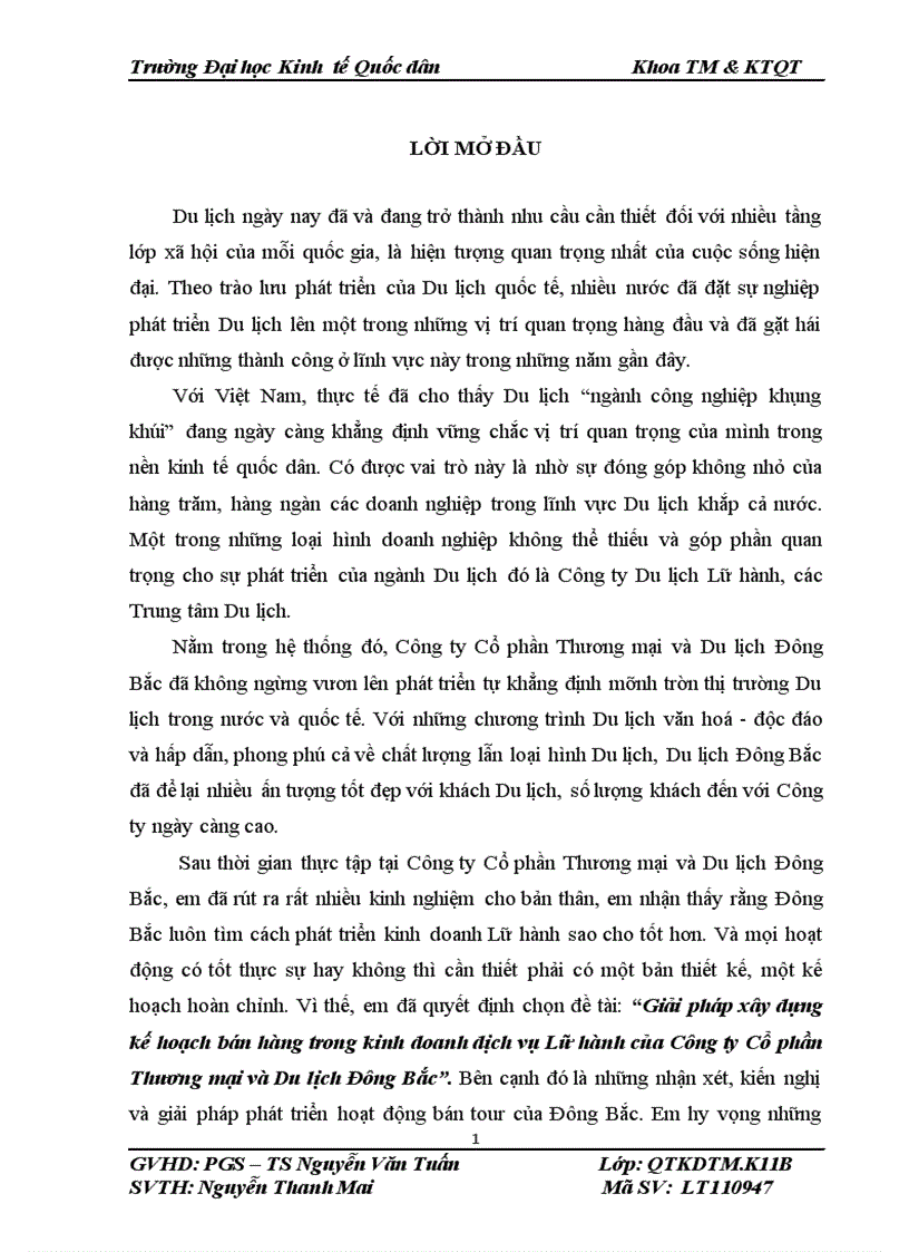 Giải pháp xây dựng kế hoạch bán hàng trong kinh doanh dịch vụ Lữ hành của Công ty Cổ phần Thương mại và Du lịch Đông Bắc 1
