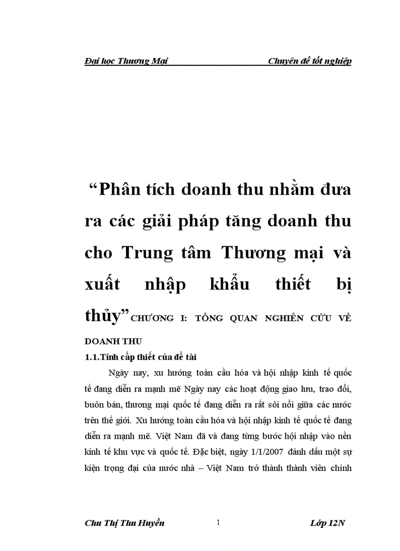 Phân tích doanh thu nhằm đưa ra các giải pháp tăng doanh thu cho Trung tâm Thương mại và xuất nhập khẩu thiết bị thủy