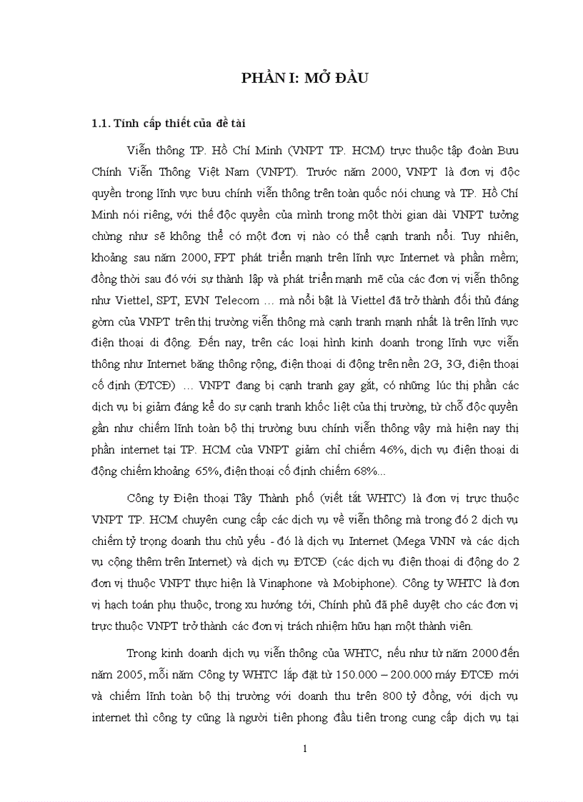 Một số giải pháp duy trì và mở rộng thị trường dịch vụ viễn thông của Công ty Điện thoại Tây Thành phố WHTC