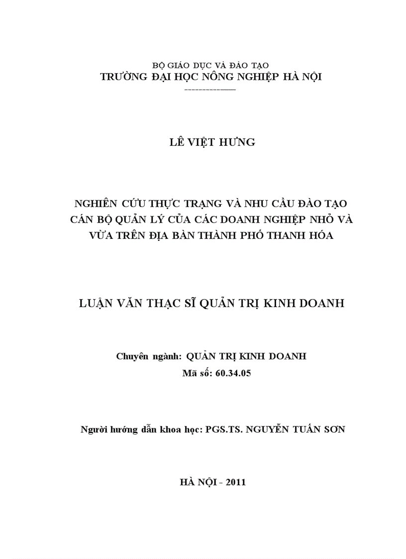 Nghiên cứu thực trạng và nhu cầu đào tạo cán bộ quản lý của các doanh nghiệp nhỏ và vừa trên địa bàn thành phố thanh hóa