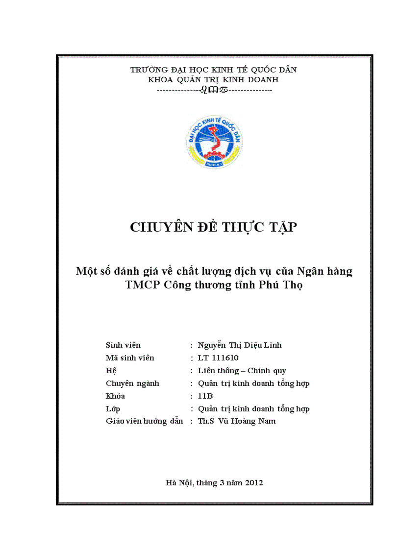 Một số đánh giá về chất lượng dịch vụ của Ngân hàng TMCP Công thương tỉnh Phú Thọ