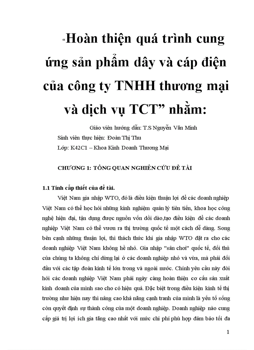 Hoàn thiện quá trình cung ứng sản phẩm dây và cáp điện của công ty TNHH thương mại và dịch vụ TCT