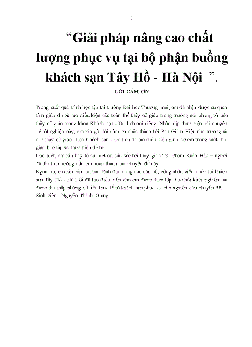 Giải pháp nâng cao chất lượng phục vụ tại bộ phận buồng khách sạn Tây Hồ Hà Nội 1