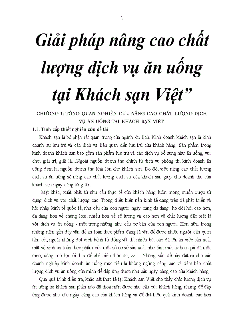 Giải pháp nâng cao chất lượng dịch vụ ăn uống tại Khách sạn Việt