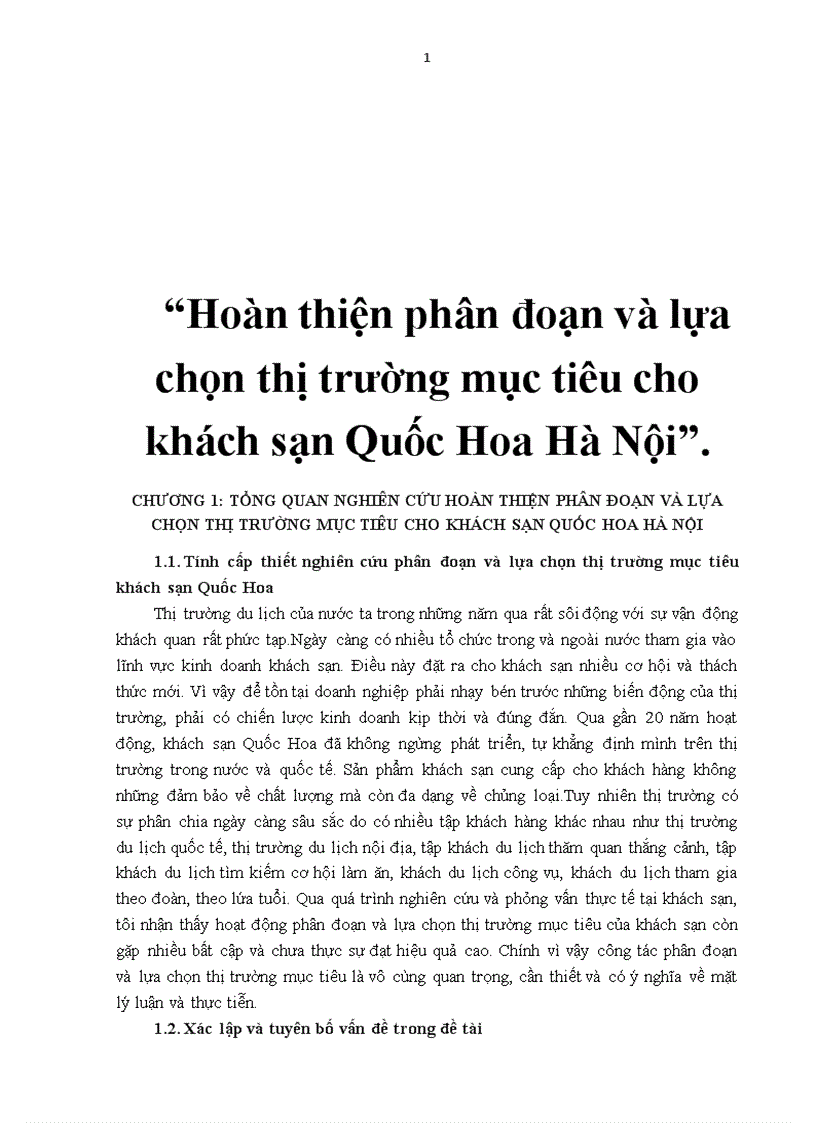 Hoàn thiện phân đoạn và lựa chọn thị trường mục tiêu cho khách sạn Quốc Hoa Hà Nội