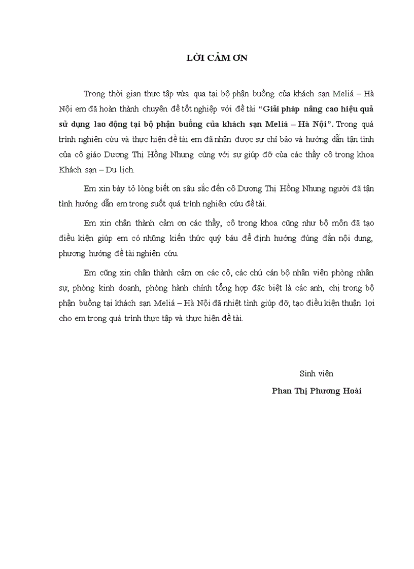 Giải pháp nâng cao hiệu quả sử dụng lao động tại bộ phận buồng của khách sạn Meliá Hà Nội