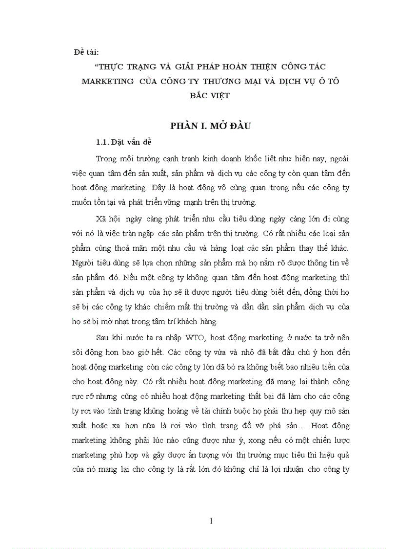Thực trạng và giải pháp hoàn thiện công tác marketing tại công ty thương mại và dịch vụ ô tô Bắc Việt