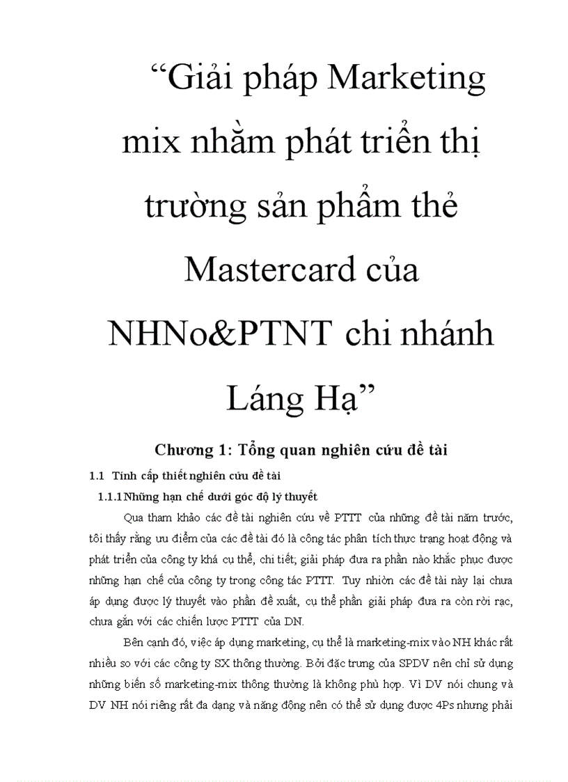 Giải pháp Marketing mix nhằm phát triển thị trường sản phẩm thẻ Mastercard của NHNo PTNT chi nhánh Láng Hạ