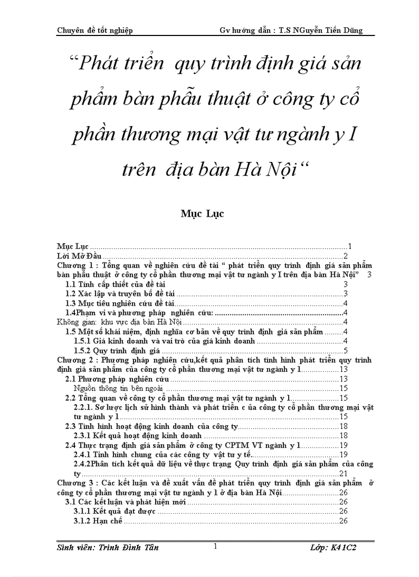 Phát triển quy trình định giá sản phẩm bàn phẫu thuật ở công ty cổ phần thương mại vật tư ngành y I trên địa bàn Hà Nội