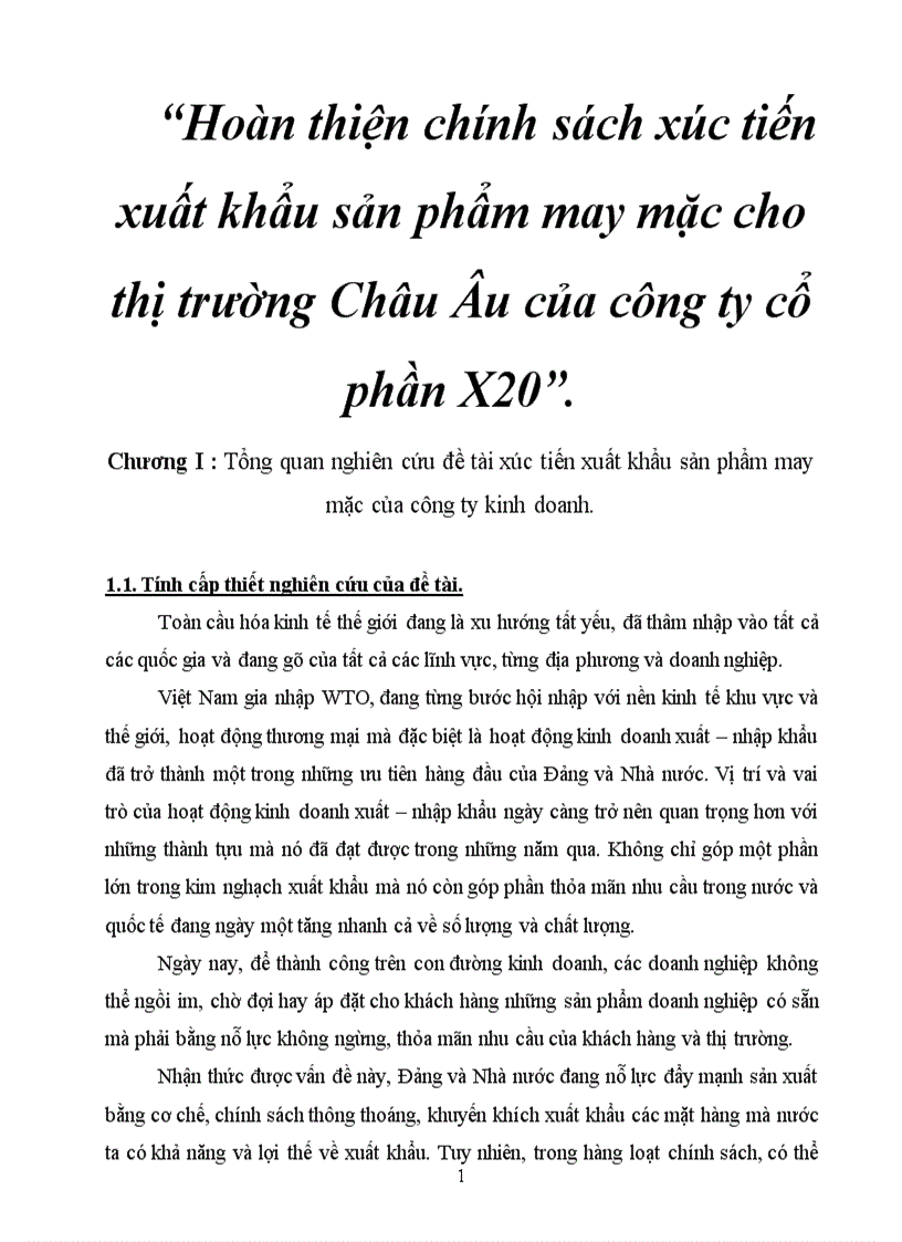 Hoàn thiện chính sách xúc tiến xuất khẩu sản phẩm may mặc cho thị trường Châu Âu của công ty cổ phần X20