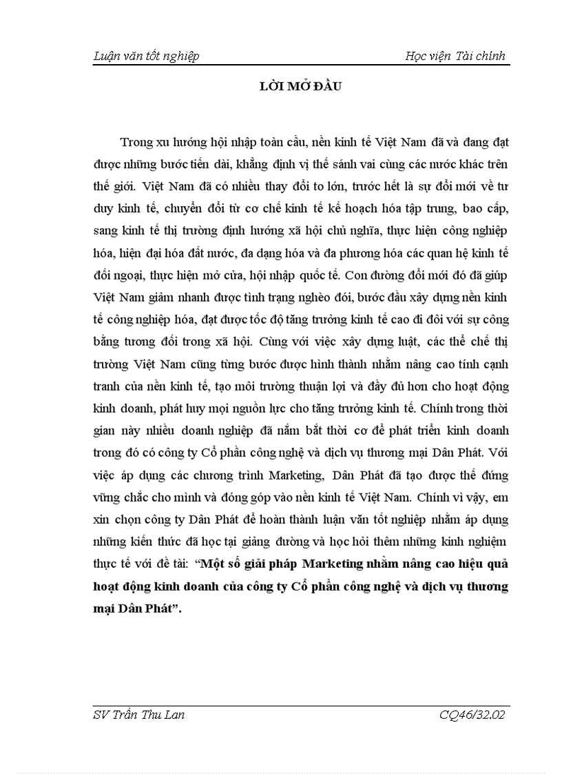Một số giải pháp Marketing nhằm nâng cao hiệu quả hoạt động kinh doanh của công ty Cổ phần công nghệ và dịch vụ thương mại Dân Phát