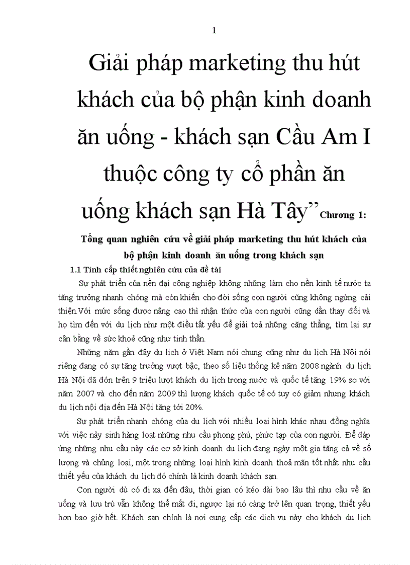 Giải pháp marketing thu hút khách của bộ phận kinh doanh ăn uống khách sạn Cầu Am I thuộc công ty cổ phần ăn uống khách sạn Hà Tây