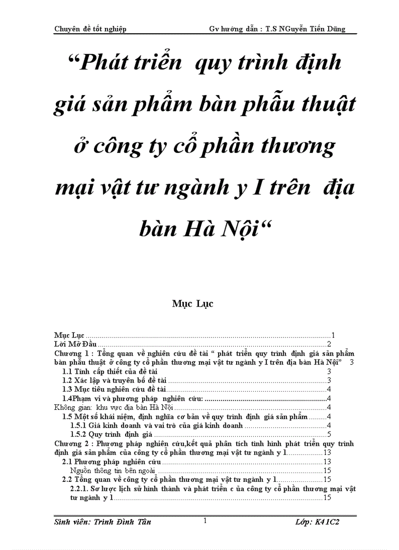 Phát triển quy trình định giá sản phẩm bàn phẫu thuật ở công ty cổ phần thương mại vật tư ngành y I trên địa bàn Hà Nội 3