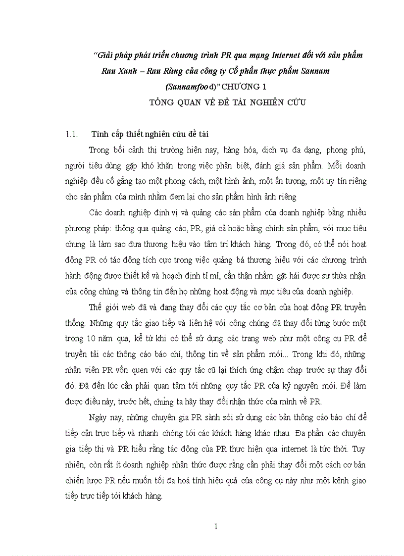 Giải pháp phát triển chương trình PR qua mạng Internet đối với sản phẩm Rau Xanh Rau Rừng của công ty Cổ phần thực phẩm Sannam Sannamfood