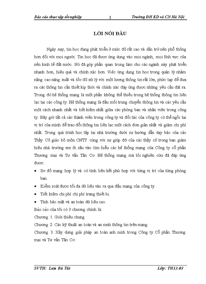 Xây dựng giải pháp an toàn anh ninh trong Công ty Cổ phần Thương mại và Tư vấn Tân Cơ