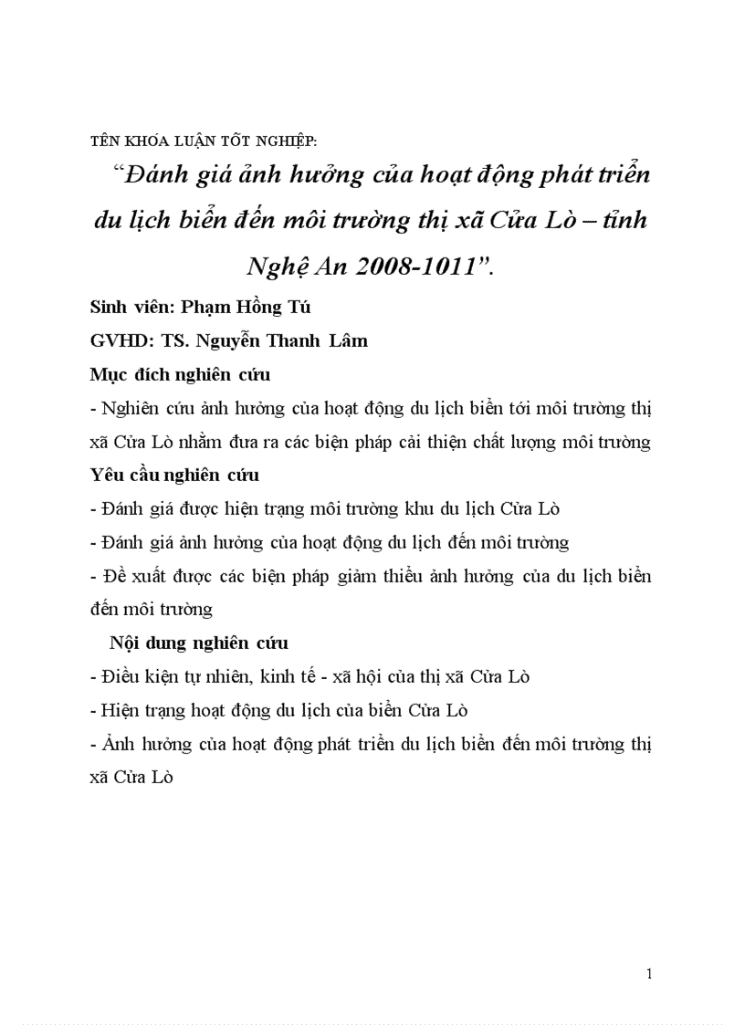 Đánh giá ảnh hưởng của hoạt động phát triển du lịch biển đến môi trường thị xã Cửa Lò tỉnh Nghệ An 2008 101 1