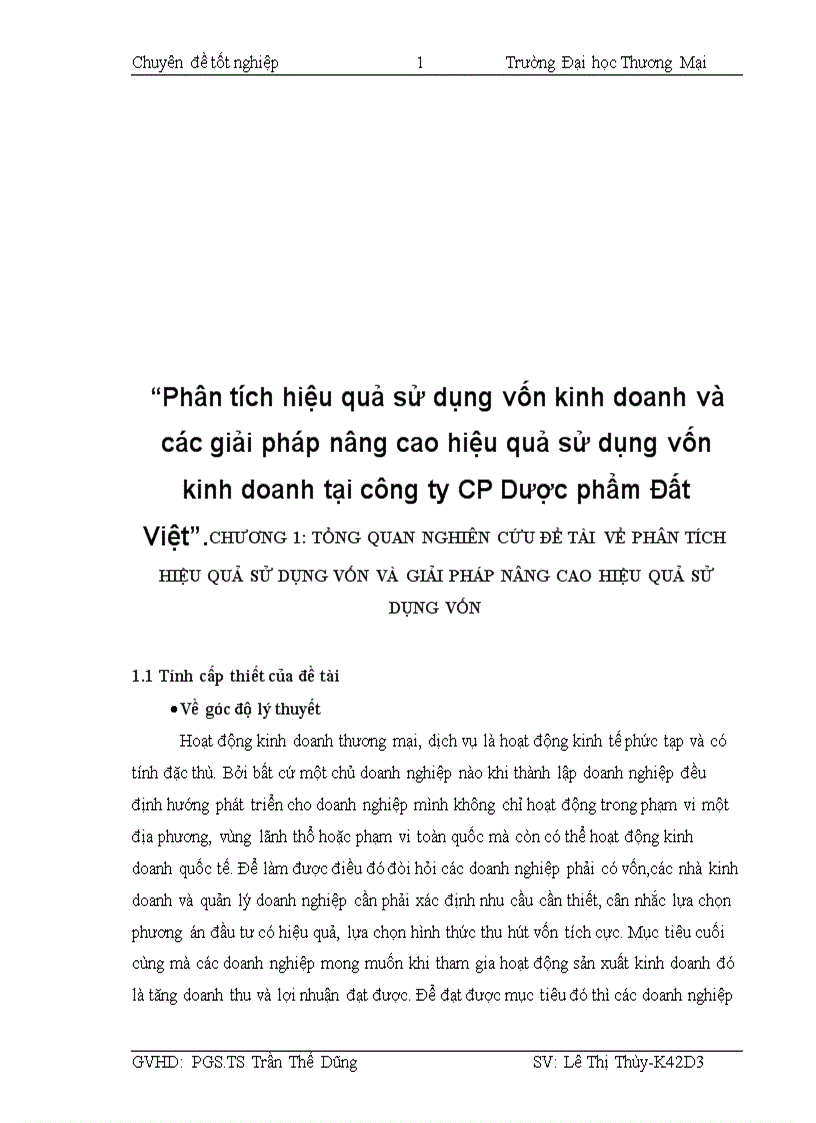 Phân tích hiệu quả sử dụng vốn kinh doanh và các giải pháp nâng cao hiệu quả sử dụng vốn kinh doanh tại công ty CP Dược phẩm Đất Việt 1