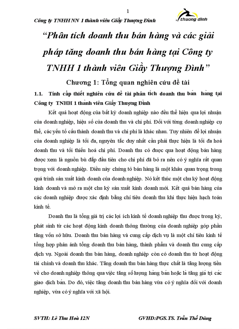 Phân tích doanh thu bán hàng và các giải pháp tăng doanh thu bán hàng tại Công ty TNHH 1 thành viên Giầy Thượng Đình