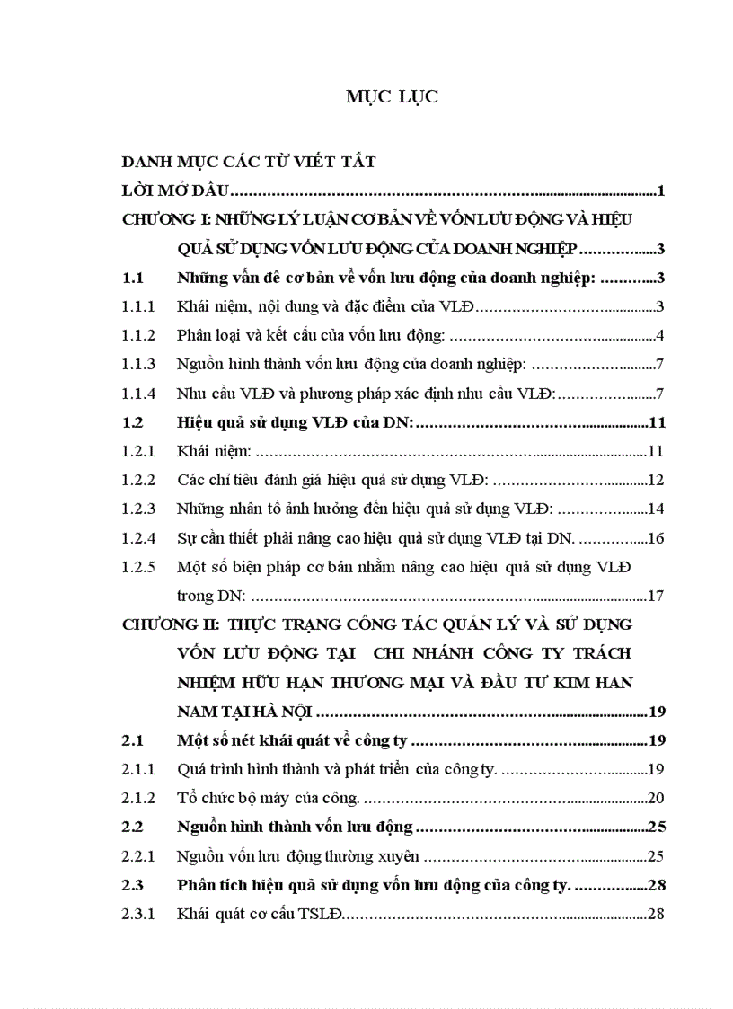 Thực trạng công tác quản lý và sử dụng vốn lưu động tại chi nhánh công ty trách nhiệm hữu hạn thương mại và đầu tư kim han nam tại hà nội 1
