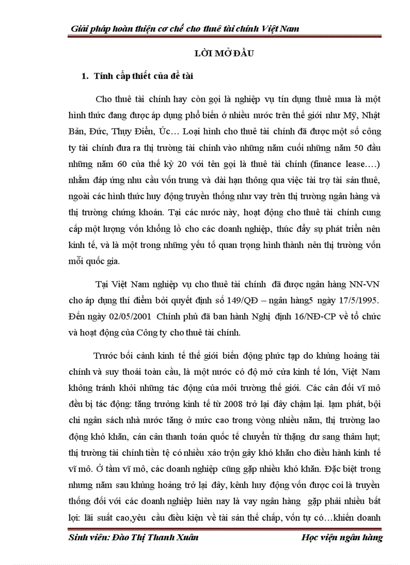Giải pháp hoàn thiện cơ chế cho thuê tài chính Việt Nam