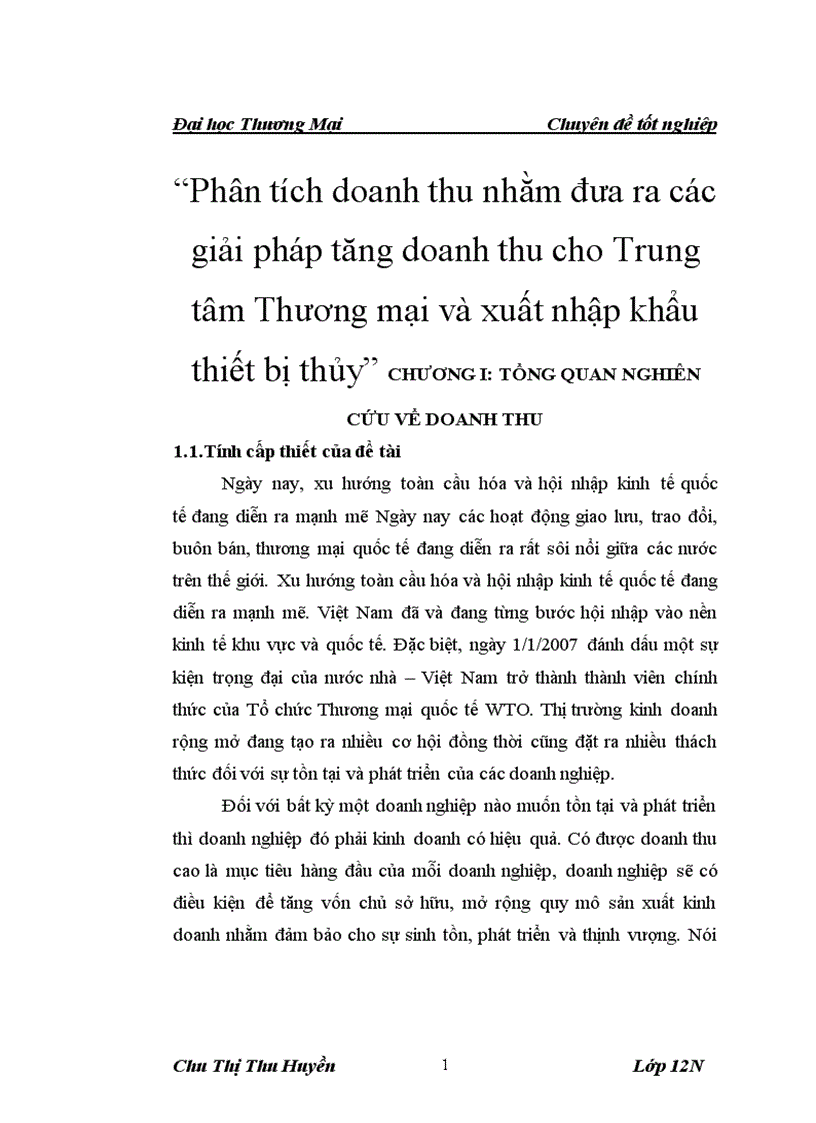 Phân tích doanh thu nhằm đưa ra các giải pháp tăng doanh thu cho Trung tâm Thương mại và xuất nhập khẩu thiết bị thủy