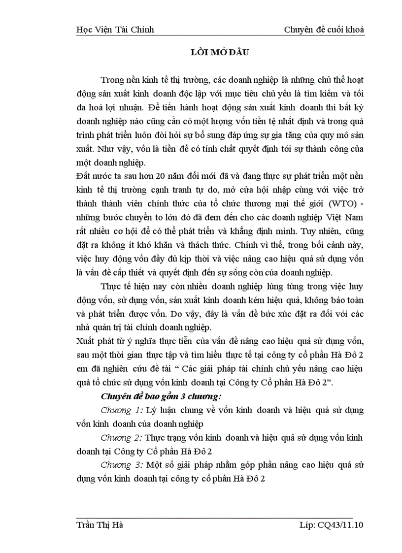 Các giải pháp tài chính chủ yếu nâng cao hiệu quả tổ chức sử dụng vốn kinh doanh tại Công ty Cổ phần Hà Đô 2 1