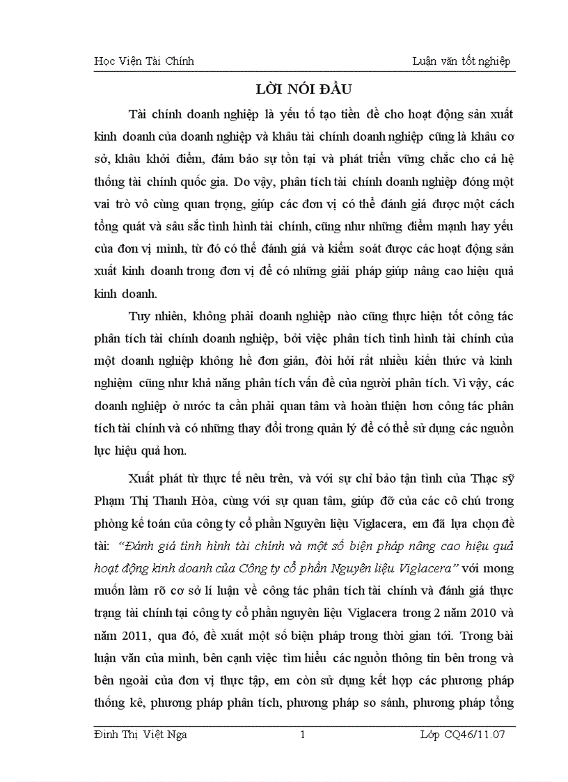 Đánh giá tình hình tài chính và một số biện pháp nâng cao hiệu quả hoạt động kinh doanh của Công ty cổ phần Nguyên liệu Viglacera