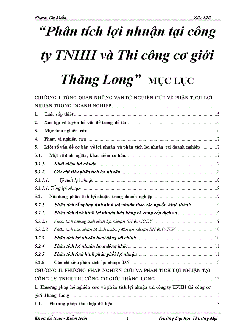 Phân tích lợi nhuận tại công ty TNHH và Thi công cơ giới Thăng Long