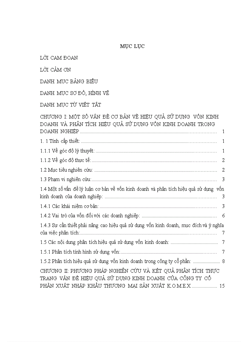 Phân tích để đánh giá hiệu quả sử dụng VKD tại Công ty cổ phần xuất nhập khẩu thương mại sản xuât K O M E X