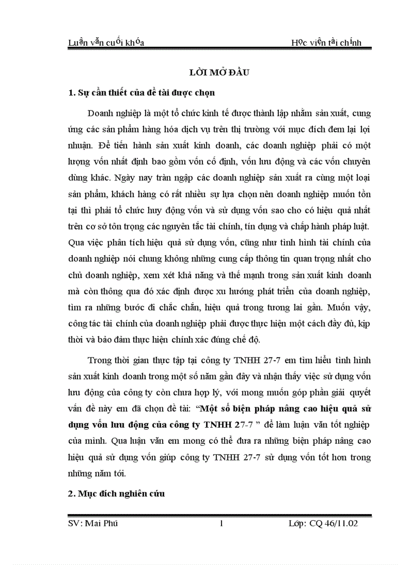 Một số biện pháp nâng cao hiệu quả sử dụng vốn lưu động của công ty TNHH 27 7 1