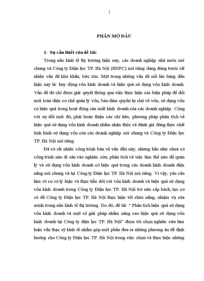 Phân tích hiệu quả sử dụng vốn kinh doanh và một số giải pháp nhằm nâng cao hiệu quả sử dụng vốn kinh doanh tại Công ty điện lực TP Hà Nội