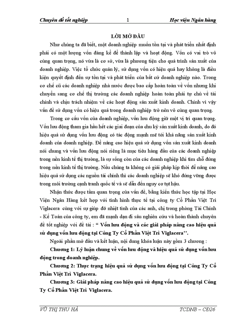 Vốn lưu động và các giải pháp nâng cao hiệu quả sử dụng vốn lưu động tại Công Ty Cổ Phần Việt Trì Viglacera