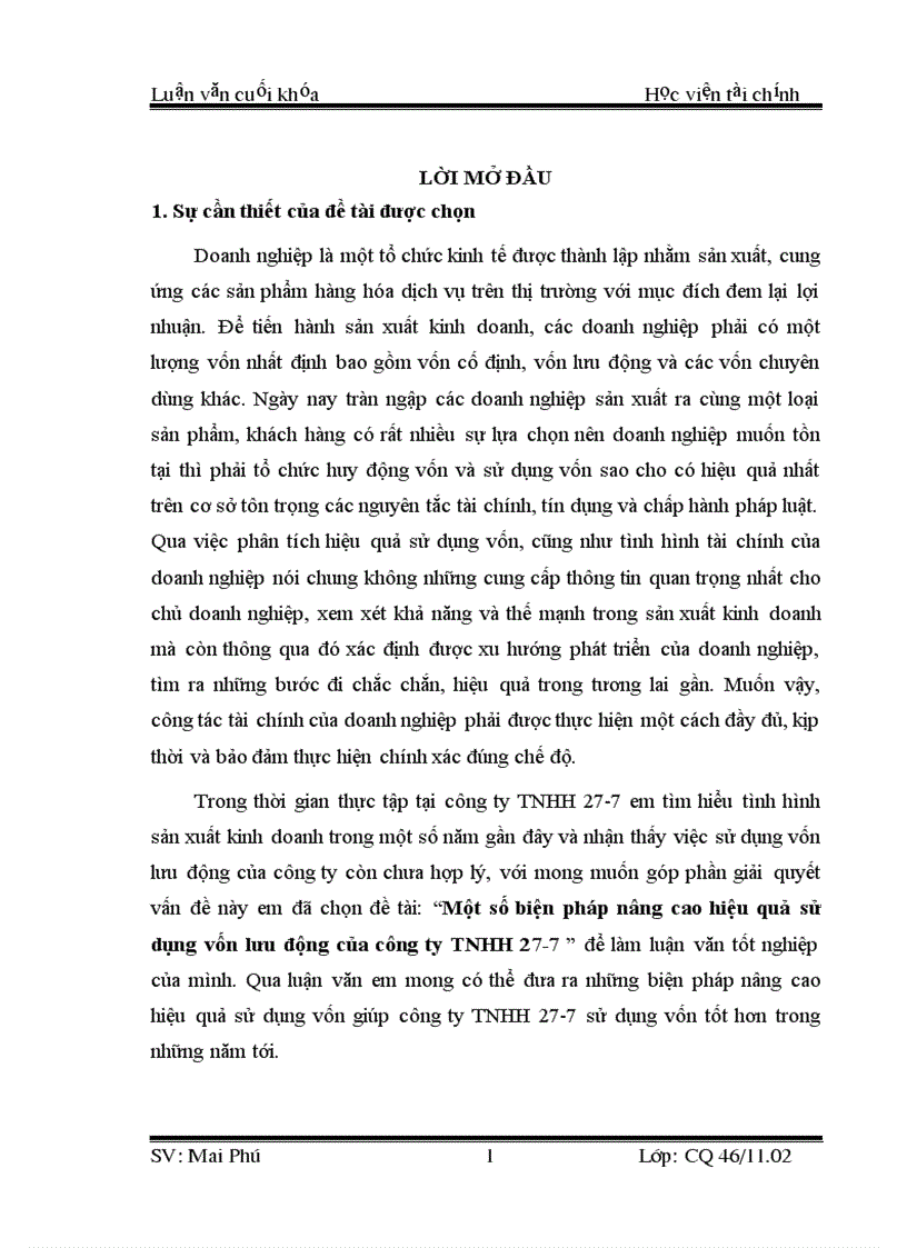 Một số biện pháp nâng cao hiệu quả sử dụng vốn lưu động của công ty TNHH 27 7