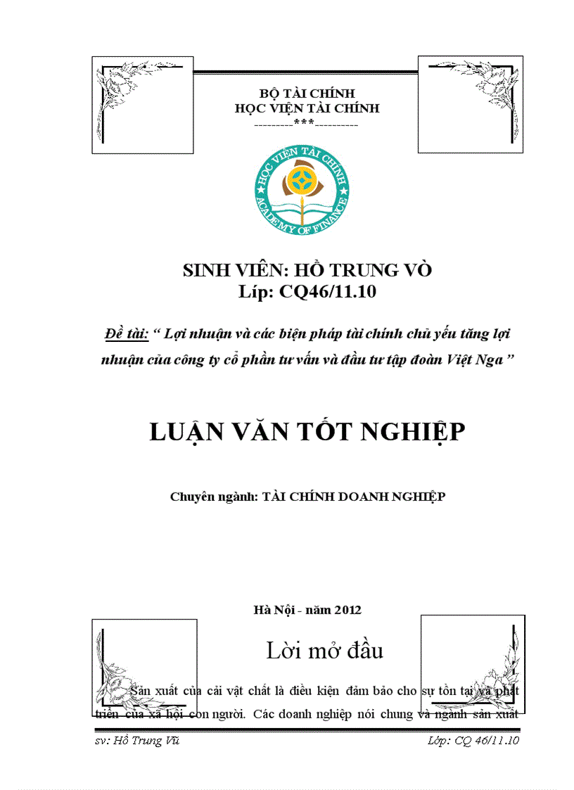 Lợi nhuận và các biện pháp tài chính chủ yếu tăng lợi nhuận của công ty cổ phần tư vấn và đầu tư tập đoàn Việt Nga