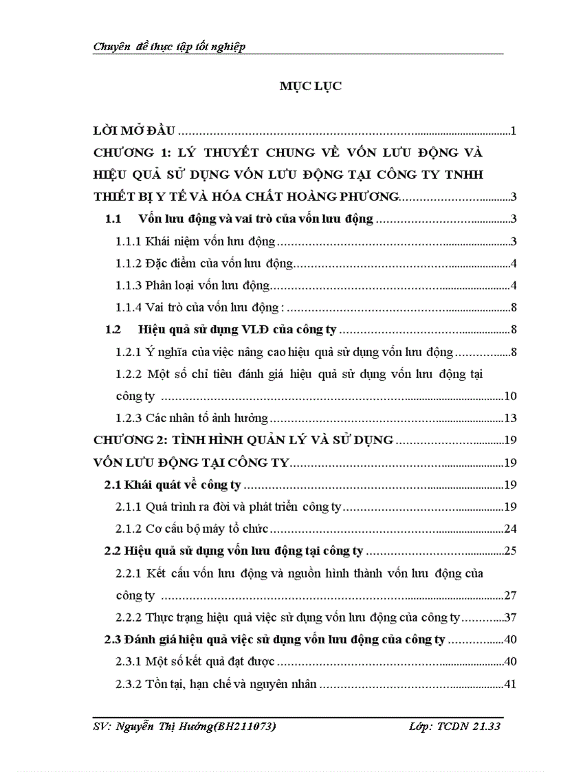 Vốn lưu động và hiệu quả sử dụng vốn lưu động tại Công ty TNHH Thiết bị Y tế và Hóa chất Hoàng Phương 1