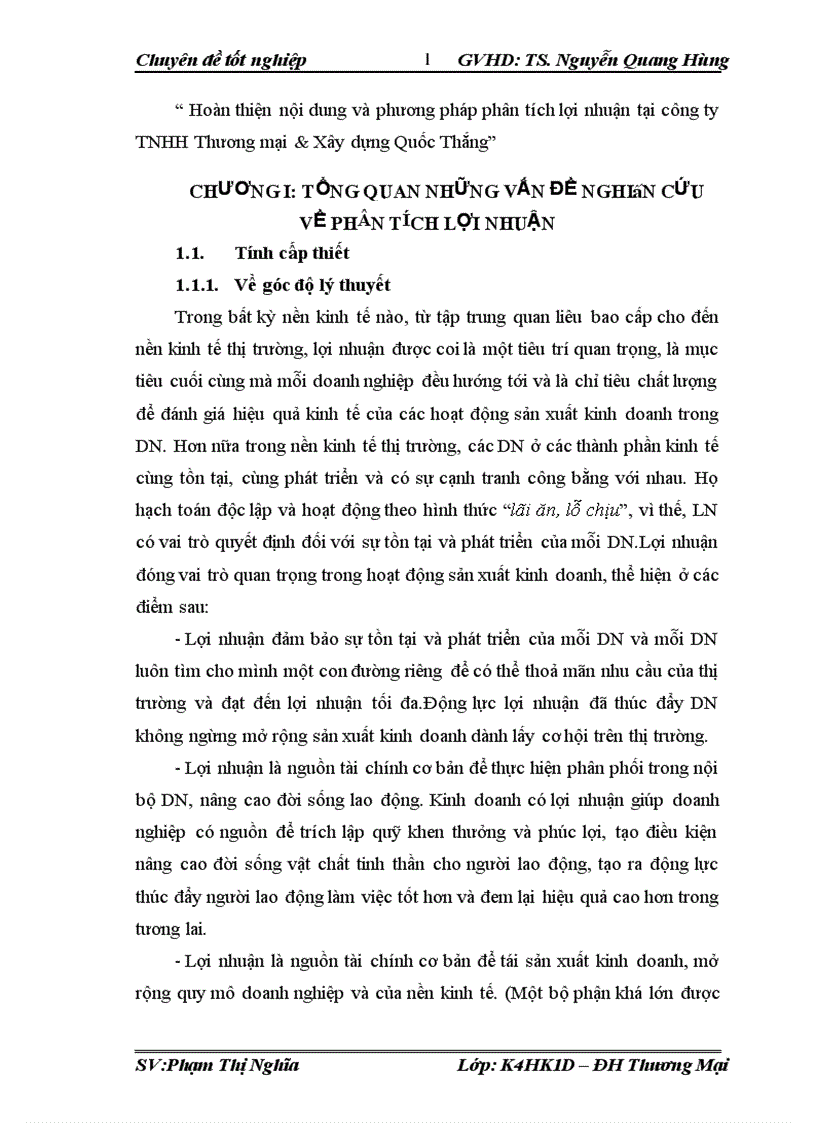 Hoàn thiện nội dung và phương pháp phân tích lợi nhuận tại công ty TNHH Thương mại Xây dựng Quốc Thắng 1