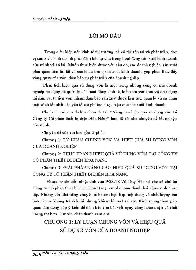 Nâng cao hiệu quả sử dụng vốn tại Công ty Cổ phần thiết bị điện Hòa Năng